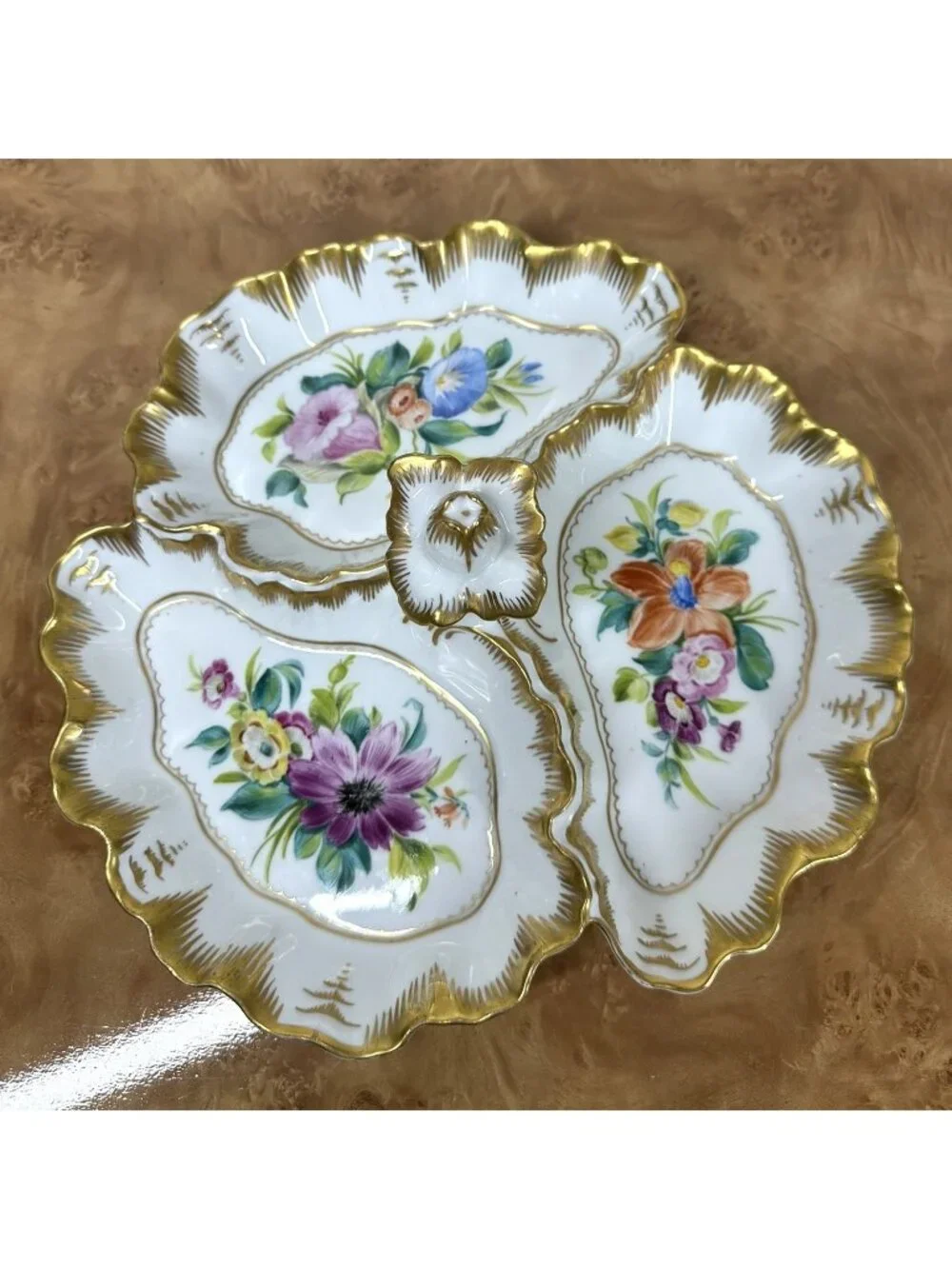 Vintage Rococo Hand Painted Porcelain 3 Section Relish Dish Floral Gold Gilt 11